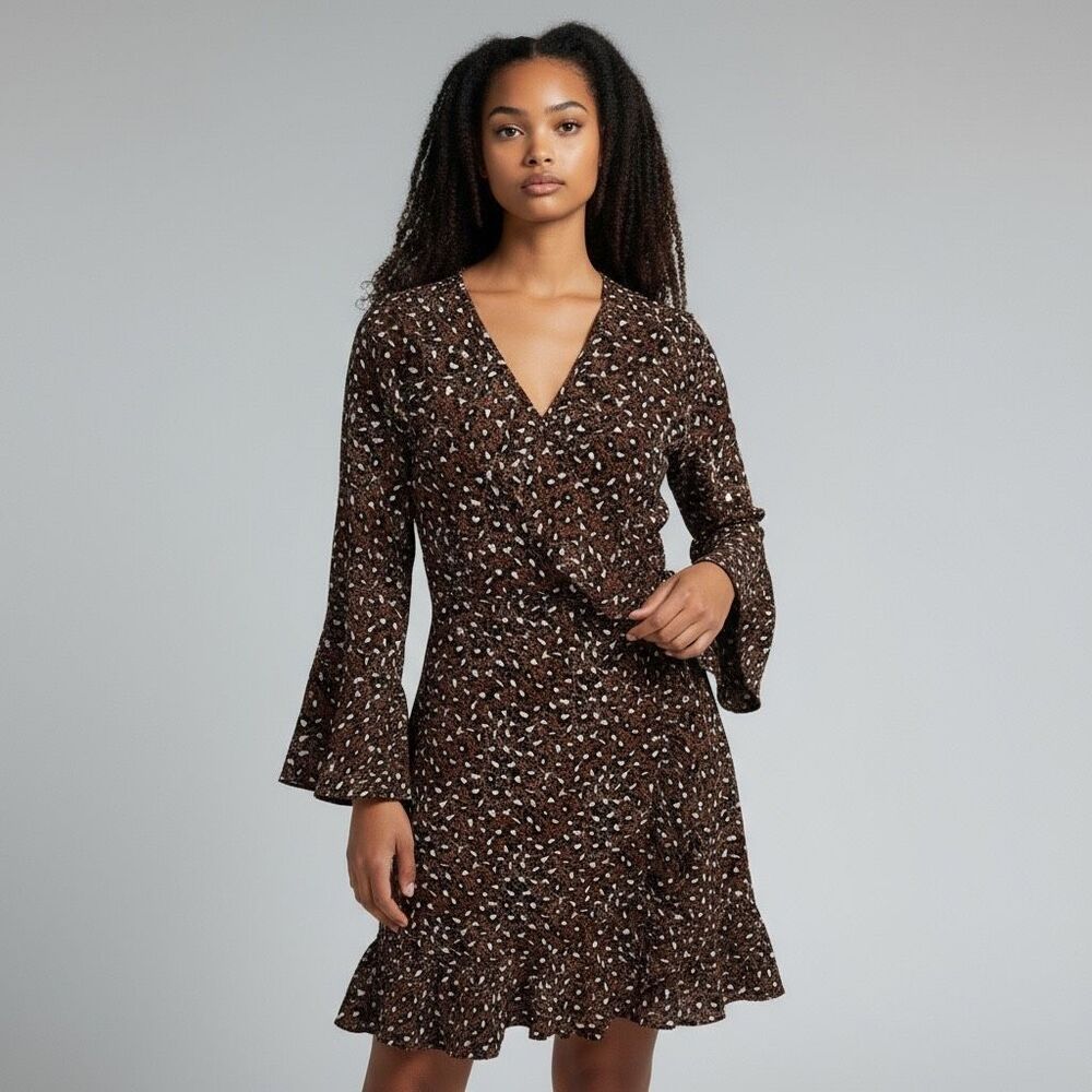 NWT Chocolate Brown Polka Dot Leopard Print Frill Wrap Tea knee length Dress 10
